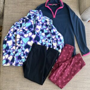 Girls size 7/8 winter bundle: two 1/3 zip fleece tops, two fleece lined leggings
